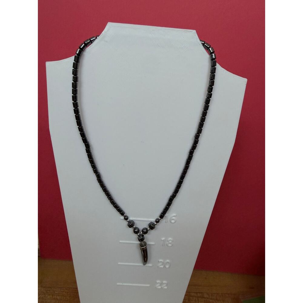 Hematite Italian Horn Necklace with Barrel close 17” w/total length 20” EUC